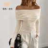 Camiseta Dobrada Estilo Desejo Puro de Manga Longa e Um Ombro Só para Mulheres, Cintura Marcada com Pregas, Decote Ombro a Ombro, Slim Fit, Camada Base Hot Girl