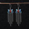 Pendientes de mariposa cloisonné con borlas y cadena de plata vintage S925 de Golden Deer King, pendientes de ágata roja del sur a la moda para mujer
