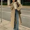 Estilo británico temperamento color caqui bolsillo botón solapa cortavientos chaqueta mujer petite holgado largo abrigo otoño