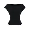 Camiseta de Manga Corta con Cuello Barco para Chica Popular Verano 2025 Nuevo Estilo Efecto Adelgazante de Cintura Color Liso Camiseta Básica Superior