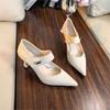 Otoño 2026 Nuevo Estilo Francés Punta Fina Color de Moda Bloque de Color Tacones Altos Zapatos de Salón para Mujer Piel Suave Boca Baja Tacón Grueso Elegante Zapatos de Salón de Piel Suave