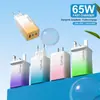 Carregador de Celular Rápido Colorido Gradiente de Nitreto de Gálio 65W Vários Portos Cabeça de Carregamento Universal Multi-Porta Padrão Europeu, Americano e Britânico