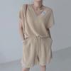 Chique Coreano Casual Gola V Manga Curta Malha Top Feminino + Conjunto de Shorts com Cordão Moda Feminina de Verão Conjunto de Duas Peças