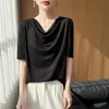 Atacado transfronteiriço de novas blusas femininas de primavera e verão com gola redonda e mangas curtas, design de gola solta estilo francês, blusa básica de manga curta