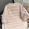 Camiseta Listrada de Manga Curta para Mulheres com Design de Moda Europeu, Novo Estilo de Verão, Fashion, Casual, Simples, Solta, Top com Gola Redonda
