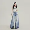 Jeans largo de cintura alta rasgado estilo retrô para mulheres, novo estilo primavera/outono 2026, solto, modelador, corte reto, com caimento, calça comprida até o chão