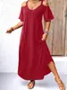 Nuevo vestido largo de color liso con cuello en V y hombros descubiertos para mujer, transfronterizo de Amazon Europa y América 2025