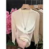 Top base de manga larga estilo europeo, color blanco carbón, cuello alto medio, para mujer, nuevo para otoño e invierno, corte ajustado, adelgazante, moderno