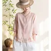 Camisa Bordada Artística de Algodão e Linho Feminina Verão Nova Solta Gola Redonda Manga de Cinco Pontos Cardigã Fino Top Casual