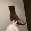 Botines Cortos de Tacón Alto Estilo Francés, Botines Ajustados Elásticos de Punta Cuadrada Retro con Camelia, Botines Individuales para Mujer