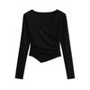 Pura para Outono e Inverno Gola V Cruzada Cintura Manga Longa Camiseta Feminina Irregular Hot Girl Top Blusa Base Espessa