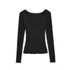 Camiseta Coreana Leve e Levemente Transparente com Decote V Profundo e Mangas Longas para Mulheres Outono e Inverno 2025 Sexy Sexy Top Base Elástico
