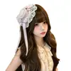 Mini sombrero rosa Lolita para el cabello para mujer, dulce borde de encaje con perlas, lazo en forma de corazón y cinta, adecuado para eventos de cosplay