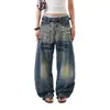 Jeans Americano de Rua Transfronteiriço com Ilhós Lavado Degradê Saber Jeans Masculino Marca Tendência Manchas Soltos Retos Perna Larga Calça Longa