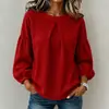 Ropa de mujer transfronteriza europea y americana Amazon tk patchwork manga de farol gofre cuello redondo color liso simple top de manga larga para mujer