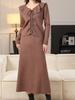 Vestido de lana de dos piezas con tirantes y volantes para otoño e invierno, estilo francés, elegante, combinable con todo, color liso, cintura ajustada y adelgazante.