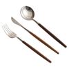 Juego de tres piezas de cuchillo, tenedor y cuchara para carne de madera de color portugués de fábrica, vajilla de estilo occidental de acero inoxidable 304, cuchara, tenedor.