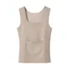 Chaleco Térmico con Doble Bolsillo de Lana y Seda para Mujer, Otoño e Invierno, Terciopelo Alemán, Forrado de Polar, Engrosado, Resistente al Frío, Camiseta Base de Capa Interior