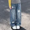 Calça jeans feminina, estilo coreano, corte solto, com design de estrela de cinco pontas, adequada para o outono, calça pantalona, calça infantil de outono