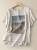 Camiseta de Manga Corta de Algodón y Lino para Mujer Verano 2026 Nueva Retro Estampada Holgada Adelgazante Top Camiseta de Algodón y Lino Talla Grande