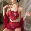Lencería Sexy, Sexy Gasa Suave Transparente Halterneck Uniforme Bordado Flor de Durazno, Puro Deseo Clásico Traje Faja Bordada de Malla