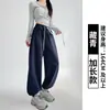 Pantalones de Chándal Acanalados en la Cintura Color Gris Oscuro para Mujer, Nuevos Pantalones Jogger Casuales de Cintura Alta para Primavera y Otoño, Pantalones Rectos Holgados de Corte Petite