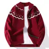 Cárdigan de punto con cremallera Jacquard Fair Isle Retro Americano Oujing para Hombre y Mujer Otoño Invierno Holgado Abrigo Suéter con Cuello Alto
