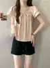 Camisa mint green solta de manga curta com laço e ombros à mostra para mulheres, estilo francês de verão, top que afina e valoriza