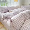 Conjunto de cama simples de algodão 100%, algodão lavado, quatro peças, cor sólida xadrez nórdico, capa de edredom de algodão puro para dormitório estudantil