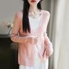 Primavera y Verano 2025 Nueva Camiseta Tejida de Lana de Seda de Cuello Redondo con Combinación de Colores, Suéter de Tres Botones con Punto Canalé, Top Falso de Dos Piezas para Mujer