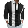 Nova camisa polo casual confortável de primavera e outono, com estampa 3D, manga longa, zíper, listrada, gola padre, camisa polo para atividades ao ar livre
