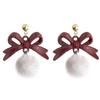 Brincos Ankola Laço Vermelho Femininos Fofos Doces Versáteis Outono e Inverno Atmosfera Fashion Brincos de Bola de Cabelo