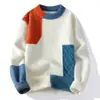 Suéter Masculino de Inverno Bloco de Cores Gola Redonda Peça Única com Pelúcia Interna Mangas Longas Cor Contrastante Tricô Trançado Cardigan Quente Roupa de Exterior para Adolescente