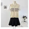 Cardigã de Tricô Manga Curta Color Block Gola Redonda Estilo Coreano para Mulheres, Primavera/Verão 2026, Rejuvenescedor, Slim Fit, Top Valorizador