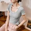 # 260g Ecocos, Qualidade Genuína # Camiseta de Renda para Mulheres, Novo Estilo de Verão, Gola U, Laço, Mangas Curtas, Cor Contrastante, Top de Cintura Alta
