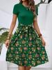 Tendência de moda europeia e americana transfronteiriça temperamento gola redonda manga curta combinação de cores cintura estampa floral pequena vestido midi roupa feminina