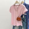 Camiseta Feminina de Verão de Algodão de Bambu de Manga Curta com Decote V Rosa Transfronteiriça de Tiro Real Slim-fit Estilo Coreano Camiseta Básica Top de Meia Manga