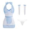 Yi Mengyao Lingerie Sexy Decote em V Profundo Costas Bonitas Laço Saia Lápis Xadrez Apertada Fantasia de Empregada