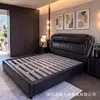 Cama de casal vintage em couro encerado a óleo, cama de casal para quarto principal estilo meados do século, design de chão, estrutura de cama resistente, cabeceira estofada, cama grande