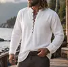 Amazon Transfronteiriça Masculina de Linho Casual com Gola Alta Camiseta Henley de Manga Longa Material de Linho Camisa Henley Vintage