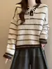 Suéter feminino listrado color-block estilo coreano, nova coleção outono/inverno 2026, modelagem solta, versátil, tricô casual