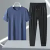 Traje de Verano para Hombre de Seda de Hielo Transpirable Deportivo Casual Cuello Redondo Pantalón Largo Traje de Secado Rápido Traje de Manga Corta de Seda de Hielo para Hombre
