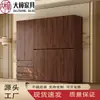 Armario de puertas correderas color nogal para dormitorio, diseño moderno simple con cajones superiores e inferiores, mueble de almacenamiento acabado, armario grande