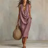 2026 Nuevo Vestido Casual de Algodón y Lino con Mangas Sueltas y Cuello Suelto para Mujer, Transfronterizo Europeo y Americano de Amazon, para Vacaciones