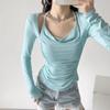Nuevo Top de Primavera Ajustado Diseño Adelgazante Plisado Chica Atrevida Camiseta de Manga Larga Estilo Puro Moderno Cuello de Ala para Mujer