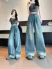 Jeans Reto Slimming com Cintura Elástica para Mulheres Outono 2025, Calça Larga com Caimento Fino Elástico Wide-Leg Comprimento Total