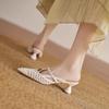 2026 Nova Moda Bico Fino Tecido Vazado Salto Alto Ultra Estiloso Confortável Bico Fechado Mules para Mulheres Verão Uso Externo Meia-Chinelo
