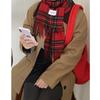 Cachecol Xadrez Vermelho 100% Lã da Coreia do Sul para Mulheres Outono e Inverno Proteção Quente para o Pescoço Lenço Xadrez Vintage com Franjas