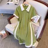 Saia Midi Patchwork Slimming A-line para Mulheres Plus Size Vestido Verão Fashionável com Gola Polo para Mulheres Plus Size