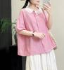 Camisa de Manga Corta Plisada Retro con Cuello Peter Pan para Mujer Verano Nuevo Holgada Reductora de Edad Tops Casuales Venta al por Mayor